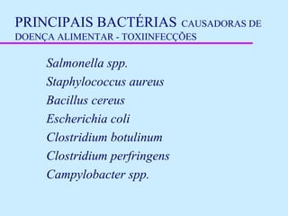 PRINCIPAIS BACTÉRIAS CAUSADORAS DE
DOENÇA ALIMENTAR - TOXIINFECÇÕES
Salmonella spp.
Staphylococcus aureus
Bacillus cereus
Escherichia coli
Clostridium botulinum
Clostridium perfringens
Campylobacter spp.
 