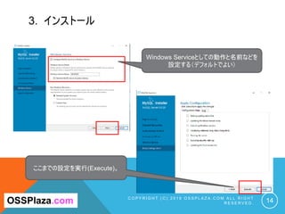 3. インストール
C O P Y R I G H T ( C ) 2 0 1 9 O S S P L A Z A . C O M A L L R I G H T
R E S E R V E D . 14
Windows Serviceとしての動作と名前などを
設定する（デフォルトでよい）
OSSPlaza.com
ここまでの設定を実行(Execute)。
 
