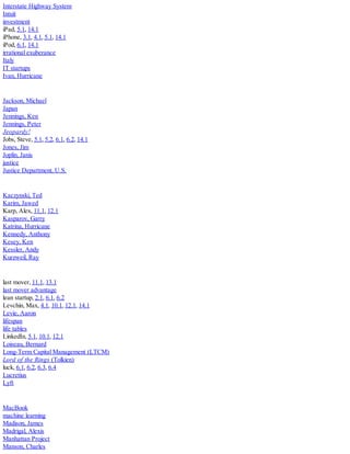 Interstate Highway System
Intuit
investment
iPad, 5.1, 14.1
iPhone, 3.1, 4.1, 5.1, 14.1
iPod, 6.1, 14.1
irrational exuberance
Italy
IT startups
Ivan, Hurricane
Jackson, Michael
Japan
Jennings, Ken
Jennings, Peter
Jeopardy!
Jobs, Steve, 5.1, 5.2, 6.1, 6.2, 14.1
Jones, Jim
Joplin, Janis
justice
Justice Department, U.S.
Kaczynski, Ted
Karim, Jawed
Karp, Alex, 11.1, 12.1
Kasparov, Garry
Katrina, Hurricane
Kennedy, Anthony
Kesey, Ken
Kessler, Andy
Kurzweil, Ray
last mover, 11.1, 13.1
last mover advantage
lean startup, 2.1, 6.1, 6.2
Levchin, Max, 4.1, 10.1, 12.1, 14.1
Levie, Aaron
lifespan
life tables
LinkedIn, 5.1, 10.1, 12.1
Loiseau, Bernard
Long-Term Capital Management (LTCM)
Lord of the Rings (Tolkien)
luck, 6.1, 6.2, 6.3, 6.4
Lucretius
Lyft
MacBook
machine learning
Madison, James
Madrigal, Alexis
Manhattan Project
Manson, Charles
 