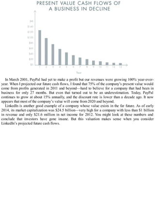 In March 2001, PayPal had yet to make a profit but our revenues were growing 100% year-over-
year. When I projected our future cash flows, I found that 75% of the company’s present value would
come from profits generated in 2011 and beyond—hard to believe for a company that had been in
business for only 27 months. But even that turned out to be an underestimation. Today, PayPal
continues to grow at about 15% annually, and the discount rate is lower than a decade ago. It now
appears that most of the company’s value will come from 2020 and beyond.
LinkedIn is another good example of a company whose value exists in the far future. As of early
2014, its market capitalization was $24.5 billion—very high for a company with less than $1 billion
in revenue and only $21.6 million in net income for 2012. You might look at these numbers and
conclude that investors have gone insane. But this valuation makes sense when you consider
LinkedIn’s projected future cash flows.
 