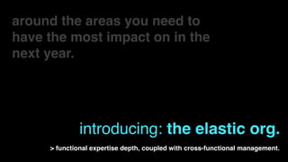 around the areas you need to
have the most impact on in the
next year.
introducing: the elastic org.
> functional expertise depth, coupled with cross-functional management.
 