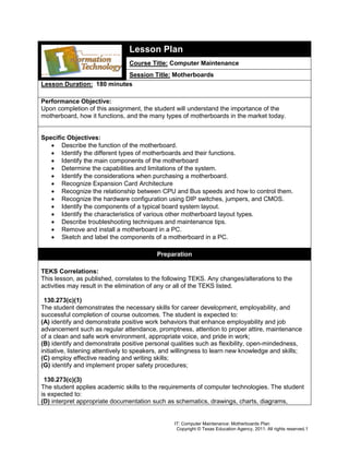 IT: Computer Maintenance: Motherboards Plan
Copyright © Texas Education Agency, 2011. All rights reserved.1
Lesson Plan
Course Title: Computer Maintenance
Session Title: Motherboards
Lesson Duration: 180 minutes
Performance Objective:
Upon completion of this assignment, the student will understand the importance of the
motherboard, how it functions, and the many types of motherboards in the market today.
Specific Objectives:
• Describe the function of the motherboard.
• Identify the different types of motherboards and their functions.
• Identify the main components of the motherboard
• Determine the capabilities and limitations of the system.
• Identify the considerations when purchasing a motherboard.
• Recognize Expansion Card Architecture
• Recognize the relationship between CPU and Bus speeds and how to control them.
• Recognize the hardware configuration using DIP switches, jumpers, and CMOS.
• Identify the components of a typical board system layout.
• Identify the characteristics of various other motherboard layout types.
• Describe troubleshooting techniques and maintenance tips.
• Remove and install a motherboard in a PC.
• Sketch and label the components of a motherboard in a PC.
Preparation
TEKS Correlations:
This lesson, as published, correlates to the following TEKS. Any changes/alterations to the
activities may result in the elimination of any or all of the TEKS listed.
130.273(c)(1)
The student demonstrates the necessary skills for career development, employability, and
successful completion of course outcomes. The student is expected to:
(A) identify and demonstrate positive work behaviors that enhance employability and job
advancement such as regular attendance, promptness, attention to proper attire, maintenance
of a clean and safe work environment, appropriate voice, and pride in work;
(B) identify and demonstrate positive personal qualities such as flexibility, open-mindedness,
initiative, listening attentively to speakers, and willingness to learn new knowledge and skills;
(C) employ effective reading and writing skills;
(G) identify and implement proper safety procedures;
130.273(c)(3)
The student applies academic skills to the requirements of computer technologies. The student
is expected to:
(D) interpret appropriate documentation such as schematics, drawings, charts, diagrams,
 