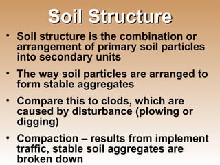 Soil Structure Soil structure is the combination or arrangement of primary soil particles into secondary units The way soil particles are arranged to form stable aggregates Compare this to clods, which are caused by disturbance (plowing or digging) Compaction – results from implement traffic, stable soil aggregates are broken down 