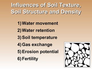 Influences of Soil Texture, Soil Structure and Density Water movement Water retention Soil temperature Gas exchange Erosion potential Fertility 