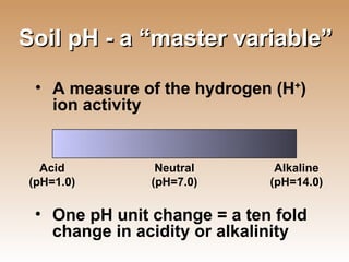 Soil pH - a “master variable” Acid (pH=1.0) Neutral (pH=7.0) Alkaline (pH=14.0) A measure of the hydrogen (H + ) ion activity One pH unit change = a ten fold change in acidity or alkalinity 
