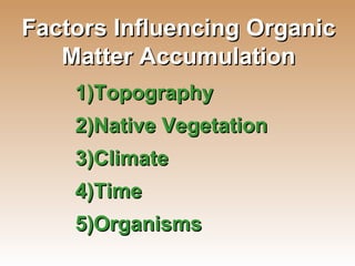 Factors Influencing Organic Matter Accumulation Topography Native Vegetation Climate Time Organisms 