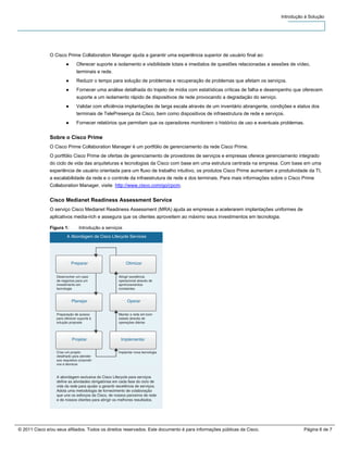 Introdução à Solução




               O Cisco Prime Collaboration Manager ajuda a garantir uma experiência superior de usuário final ao:
                        ●      Oferecer suporte a isolamento e visibilidade totais e imediatos de questões relacionadas a sessões de vídeo,
                               terminais e rede.
                        ●      Reduzir o tempo para solução de problemas e recuperação de problemas que afetam os serviços.
                        ●      Fornecer uma análise detalhada do trajeto de mídia com estatísticas críticas de falha e desempenho que oferecem
                               suporte a um isolamento rápido de dispositivos de rede provocando a degradação do serviço.
                        ●      Validar com eficiência implantações de larga escala através de um inventário abrangente, condições e status dos
                               terminais de TelePresença da Cisco, bem como dispositivos de infraestrutura de rede e serviços.
                        ●      Fornecer relatórios que permitam que os operadores monitorem o histórico de uso e eventuais problemas.


               Sobre o Cisco Prime
               O Cisco Prime Collaboration Manager é um portfólio de gerenciamento da rede Cisco Prime.
               O portfólio Cisco Prime de ofertas de gerenciamento de provedores de serviços e empresas oferece gerenciamento integrado
               do ciclo de vida das arquiteturas e tecnologias da Cisco com base em uma estrutura centrada na empresa. Com base em uma
               experiência de usuário orientada para um fluxo de trabalho intuitivo, os produtos Cisco Prime aumentam a produtividade da TI,
               a escalabilidade da rede e o controle da infraestrutura de rede e dos terminais. Para mais informações sobre o Cisco Prime
               Collaboration Manager, visite http://www.cisco.com/go/cpcm.


               Cisco Medianet Readiness Assessment Service
               O serviço Cisco Medianet Readiness Assessment (MRA) ajuda as empresas a acelerarem implantações uniformes de
               aplicativos media-rich e assegura que os clientes aproveitem ao máximo seus investimentos em tecnologia.

               Figura 1:         Introdução a serviços
                         A Abordagem de Cisco Lifecycle Services




                            Preparar                      Otimizar


                  Desenvolver um caso                 Atingir excelência
                  de negócios para um                 operacional através de
                  investimento em                     aprimoramentos
                  tecnologia                          constantes


                            Planejar                       Operar


                  Preparação de acesso                Manter a rede em bom
                  para oferecer suporte à             estado através de
                  solução proposta                    operações diárias




                            Projetar                    Implementar

                  Criar um projeto                    Implantar nova tecnologia
                  detalhado para atender
                  aos requisitos corporati-
                  vos e técnicos


                  A abordagem exclusiva do Cisco Lifecycle para serviços
                  define as atividades obrigatórias em cada fase do ciclo de
                  vida da rede para ajudar a garantir excelência de serviços.
                  Adota uma metodologia de fornecimento de colaboração
                  que une os esforços da Cisco, de nossos parceiros de rede
                  e de nossos clientes para atingir os melhores resultados.




© 2011 Cisco e/ou seus afiliados. Todos os direitos reservados. Este documento é para informações públicas da Cisco.                    Página 6 de 7
 