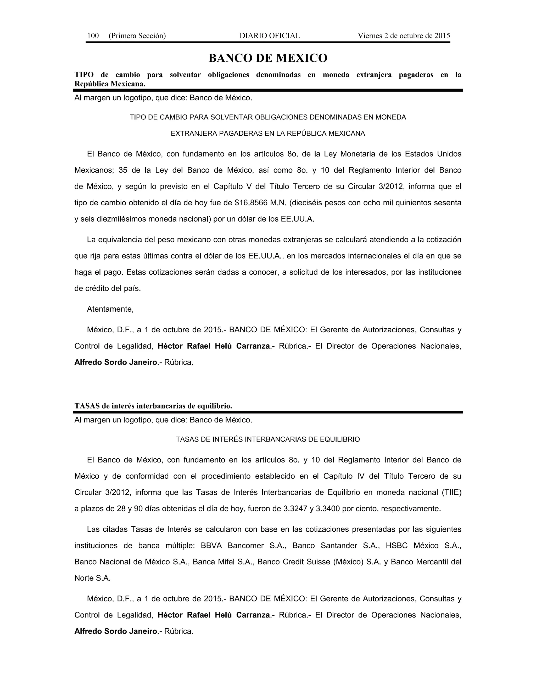 100 (Primera Sección) DIARIO OFICIAL Viernes 2 de octubre de 2015
BANCO DE MEXICO
TIPO de cambio para solventar obligaciones denominadas en moneda extranjera pagaderas en la
República Mexicana.
Al margen un logotipo, que dice: Banco de México.
TIPO DE CAMBIO PARA SOLVENTAR OBLIGACIONES DENOMINADAS EN MONEDA
EXTRANJERA PAGADERAS EN LA REPÚBLICA MEXICANA
El Banco de México, con fundamento en los artículos 8o. de la Ley Monetaria de los Estados Unidos
Mexicanos; 35 de la Ley del Banco de México, así como 8o. y 10 del Reglamento Interior del Banco
de México, y según lo previsto en el Capítulo V del Título Tercero de su Circular 3/2012, informa que el
tipo de cambio obtenido el día de hoy fue de $16.8566 M.N. (dieciséis pesos con ocho mil quinientos sesenta
y seis diezmilésimos moneda nacional) por un dólar de los EE.UU.A.
La equivalencia del peso mexicano con otras monedas extranjeras se calculará atendiendo a la cotización
que rija para estas últimas contra el dólar de los EE.UU.A., en los mercados internacionales el día en que se
haga el pago. Estas cotizaciones serán dadas a conocer, a solicitud de los interesados, por las instituciones
de crédito del país.
Atentamente,
México, D.F., a 1 de octubre de 2015.- BANCO DE MÉXICO: El Gerente de Autorizaciones, Consultas y
Control de Legalidad, Héctor Rafael Helú Carranza.- Rúbrica.- El Director de Operaciones Nacionales,
Alfredo Sordo Janeiro.- Rúbrica.
TASAS de interés interbancarias de equilibrio.
Al margen un logotipo, que dice: Banco de México.
TASAS DE INTERÉS INTERBANCARIAS DE EQUILIBRIO
El Banco de México, con fundamento en los artículos 8o. y 10 del Reglamento Interior del Banco de
México y de conformidad con el procedimiento establecido en el Capítulo IV del Título Tercero de su
Circular 3/2012, informa que las Tasas de Interés Interbancarias de Equilibrio en moneda nacional (TIIE)
a plazos de 28 y 90 días obtenidas el día de hoy, fueron de 3.3247 y 3.3400 por ciento, respectivamente.
Las citadas Tasas de Interés se calcularon con base en las cotizaciones presentadas por las siguientes
instituciones de banca múltiple: BBVA Bancomer S.A., Banco Santander S.A., HSBC México S.A.,
Banco Nacional de México S.A., Banca Mifel S.A., Banco Credit Suisse (México) S.A. y Banco Mercantil del
Norte S.A.
México, D.F., a 1 de octubre de 2015.- BANCO DE MÉXICO: El Gerente de Autorizaciones, Consultas y
Control de Legalidad, Héctor Rafael Helú Carranza.- Rúbrica.- El Director de Operaciones Nacionales,
Alfredo Sordo Janeiro.- Rúbrica.
 