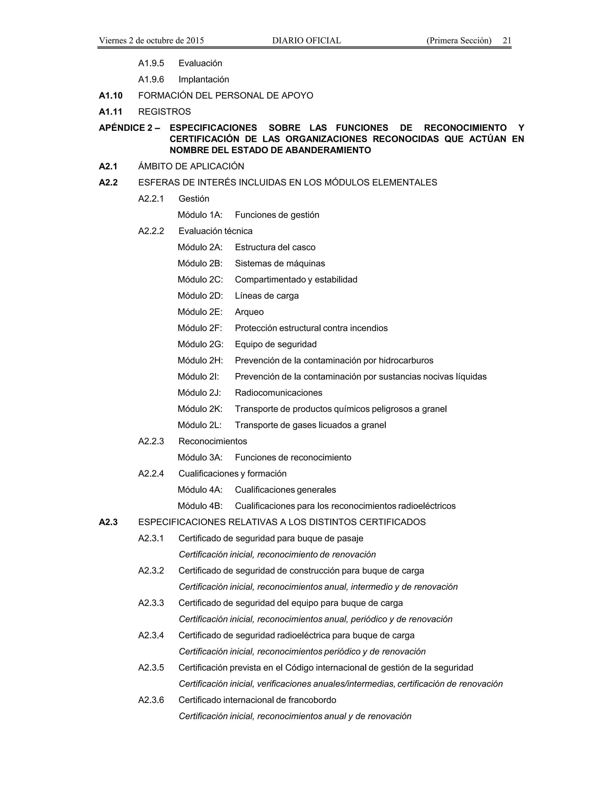 Viernes 2 de octubre de 2015 DIARIO OFICIAL (Primera Sección) 21
A1.9.5 Evaluación
A1.9.6 Implantación
A1.10 FORMACIÓN DEL PERSONAL DE APOYO
A1.11 REGISTROS
APÉNDICE 2 – ESPECIFICACIONES SOBRE LAS FUNCIONES DE RECONOCIMIENTO Y
CERTIFICACIÓN DE LAS ORGANIZACIONES RECONOCIDAS QUE ACTÚAN EN
NOMBRE DEL ESTADO DE ABANDERAMIENTO
A2.1 ÁMBITO DE APLICACIÓN
A2.2 ESFERAS DE INTERÉS INCLUIDAS EN LOS MÓDULOS ELEMENTALES
A2.2.1 Gestión
Módulo 1A: Funciones de gestión
A2.2.2 Evaluación técnica
Módulo 2A: Estructura del casco
Módulo 2B: Sistemas de máquinas
Módulo 2C: Compartimentado y estabilidad
Módulo 2D: Líneas de carga
Módulo 2E: Arqueo
Módulo 2F: Protección estructural contra incendios
Módulo 2G: Equipo de seguridad
Módulo 2H: Prevención de la contaminación por hidrocarburos
Módulo 2I: Prevención de la contaminación por sustancias nocivas líquidas
Módulo 2J: Radiocomunicaciones
Módulo 2K: Transporte de productos químicos peligrosos a granel
Módulo 2L: Transporte de gases licuados a granel
A2.2.3 Reconocimientos
Módulo 3A: Funciones de reconocimiento
A2.2.4 Cualificaciones y formación
Módulo 4A: Cualificaciones generales
Módulo 4B: Cualificaciones para los reconocimientos radioeléctricos
A2.3 ESPECIFICACIONES RELATIVAS A LOS DISTINTOS CERTIFICADOS
A2.3.1 Certificado de seguridad para buque de pasaje
Certificación inicial, reconocimiento de renovación
A2.3.2 Certificado de seguridad de construcción para buque de carga
Certificación inicial, reconocimientos anual, intermedio y de renovación
A2.3.3 Certificado de seguridad del equipo para buque de carga
Certificación inicial, reconocimientos anual, periódico y de renovación
A2.3.4 Certificado de seguridad radioeléctrica para buque de carga
Certificación inicial, reconocimientos periódico y de renovación
A2.3.5 Certificación prevista en el Código internacional de gestión de la seguridad
Certificación inicial, verificaciones anuales/intermedias, certificación de renovación
A2.3.6 Certificado internacional de francobordo
Certificación inicial, reconocimientos anual y de renovación
 