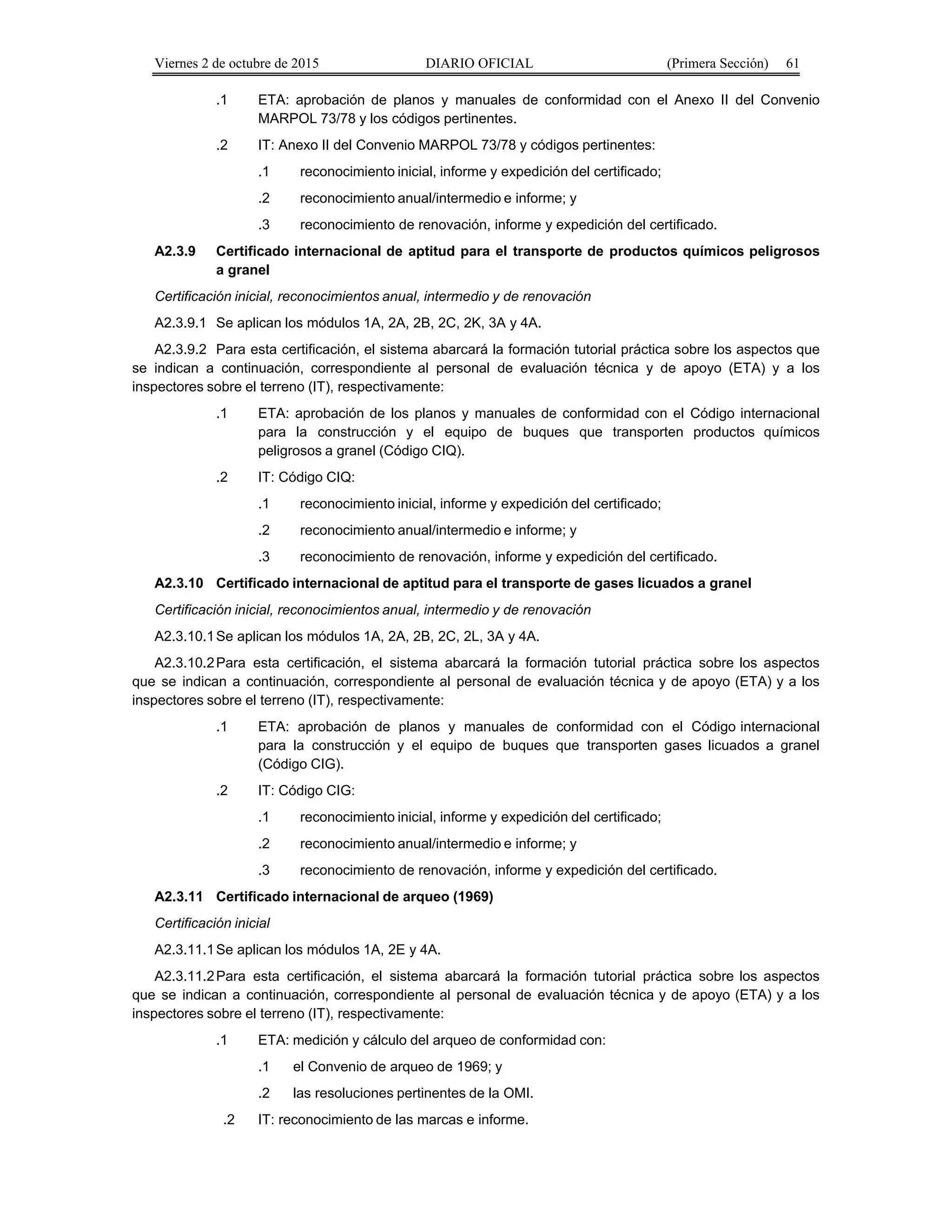 Viernes 2 de octubre de 2015 DIARIO OFICIAL (Primera Sección) 61
.1 ETA: aprobación de planos y manuales de conformidad con el Anexo II del Convenio
MARPOL 73/78 y los códigos pertinentes.
.2 IT: Anexo II del Convenio MARPOL 73/78 y códigos pertinentes:
.1 reconocimiento inicial, informe y expedición del certificado;
.2 reconocimiento anual/intermedio e informe; y
.3 reconocimiento de renovación, informe y expedición del certificado.
A2.3.9 Certificado internacional de aptitud para el transporte de productos químicos peligrosos
a granel
Certificación inicial, reconocimientos anual, intermedio y de renovación
A2.3.9.1 Se aplican los módulos 1A, 2A, 2B, 2C, 2K, 3A y 4A.
A2.3.9.2 Para esta certificación, el sistema abarcará la formación tutorial práctica sobre los aspectos que
se indican a continuación, correspondiente al personal de evaluación técnica y de apoyo (ETA) y a los
inspectores sobre el terreno (IT), respectivamente:
.1 ETA: aprobación de los planos y manuales de conformidad con el Código internacional
para la construcción y el equipo de buques que transporten productos químicos
peligrosos a granel (Código CIQ).
.2 IT: Código CIQ:
.1 reconocimiento inicial, informe y expedición del certificado;
.2 reconocimiento anual/intermedio e informe; y
.3 reconocimiento de renovación, informe y expedición del certificado.
A2.3.10 Certificado internacional de aptitud para el transporte de gases licuados a granel
Certificación inicial, reconocimientos anual, intermedio y de renovación
A2.3.10.1Se aplican los módulos 1A, 2A, 2B, 2C, 2L, 3A y 4A.
A2.3.10.2Para esta certificación, el sistema abarcará la formación tutorial práctica sobre los aspectos
que se indican a continuación, correspondiente al personal de evaluación técnica y de apoyo (ETA) y a los
inspectores sobre el terreno (IT), respectivamente:
.1 ETA: aprobación de planos y manuales de conformidad con el Código internacional
para la construcción y el equipo de buques que transporten gases licuados a granel
(Código CIG).
.2 IT: Código CIG:
.1 reconocimiento inicial, informe y expedición del certificado;
.2 reconocimiento anual/intermedio e informe; y
.3 reconocimiento de renovación, informe y expedición del certificado.
A2.3.11 Certificado internacional de arqueo (1969)
Certificación inicial
A2.3.11.1Se aplican los módulos 1A, 2E y 4A.
A2.3.11.2Para esta certificación, el sistema abarcará la formación tutorial práctica sobre los aspectos
que se indican a continuación, correspondiente al personal de evaluación técnica y de apoyo (ETA) y a los
inspectores sobre el terreno (IT), respectivamente:
.1 ETA: medición y cálculo del arqueo de conformidad con:
.1 el Convenio de arqueo de 1969; y
.2 las resoluciones pertinentes de la OMI.
.2 IT: reconocimiento de las marcas e informe.
 