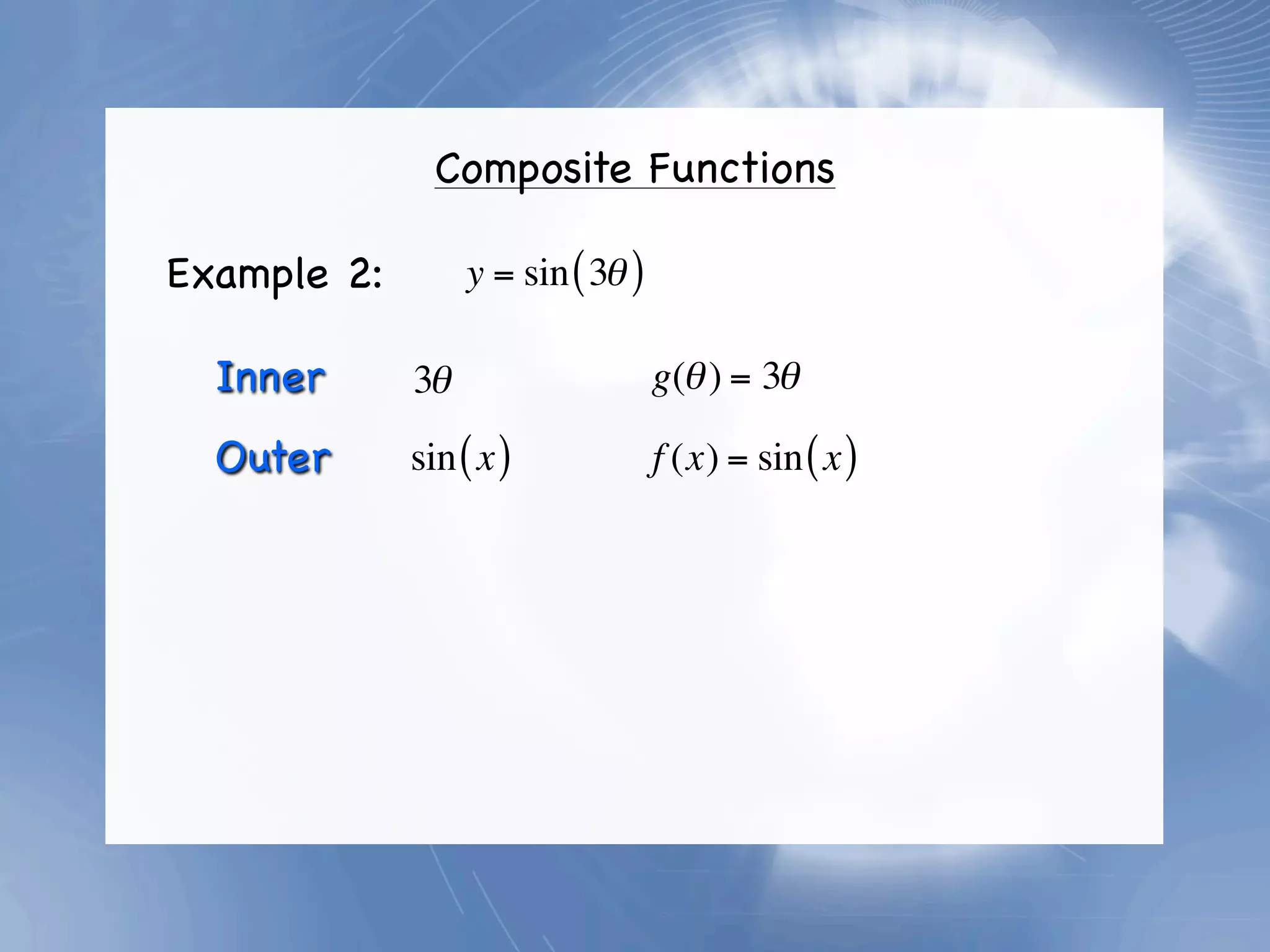 Composite Functions

Example 2:        y = sin ( 3θ )

  Inner      3θ                    g(θ ) = 3θ

  Outer      sin ( x )             f (x) = sin ( x )
 
