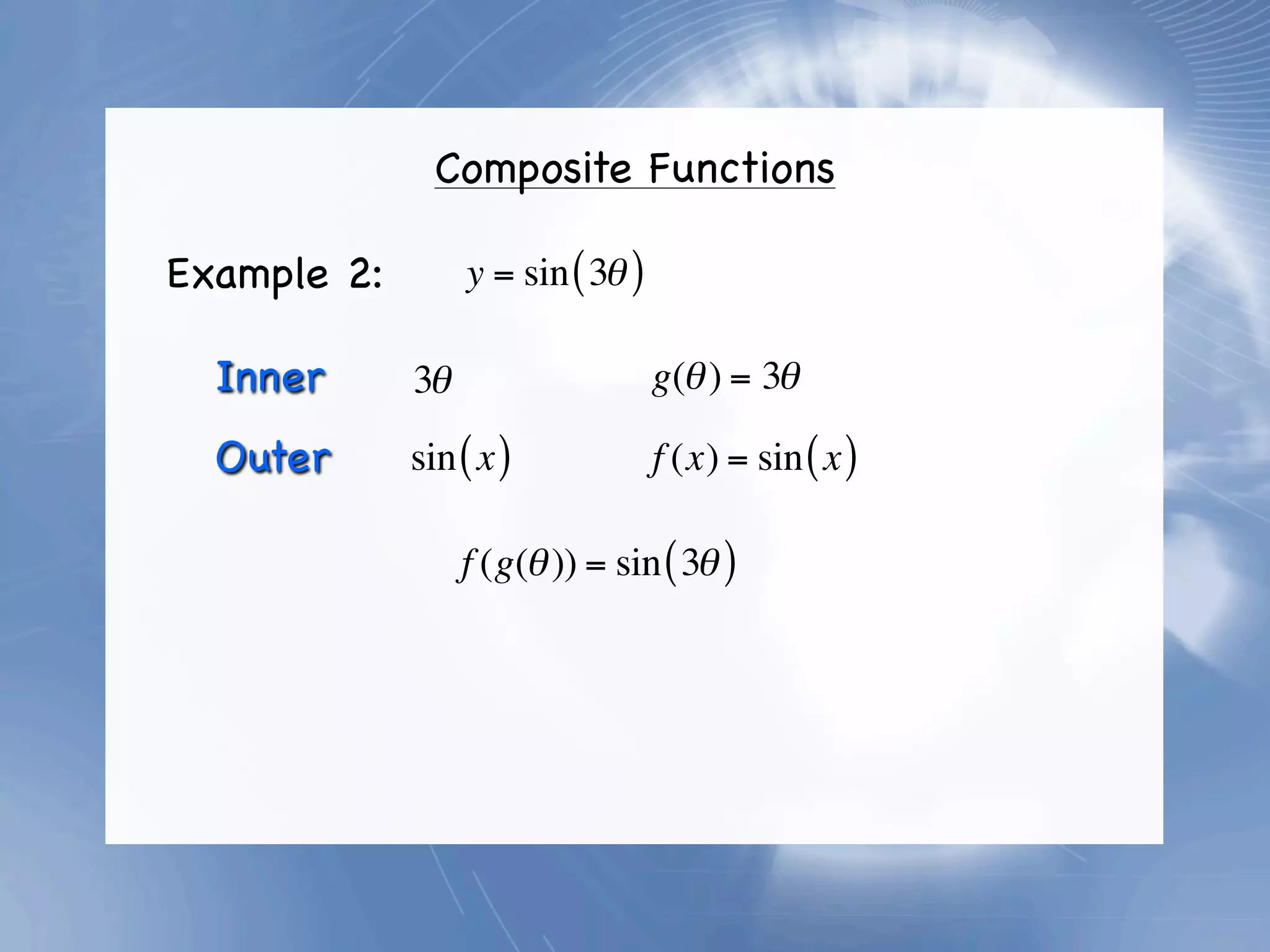 Composite Functions

Example 2:        y = sin ( 3θ )

  Inner      3θ                    g(θ ) = 3θ

  Outer      sin ( x )             f (x) = sin ( x )

                  f (g(θ )) = sin ( 3θ )
 