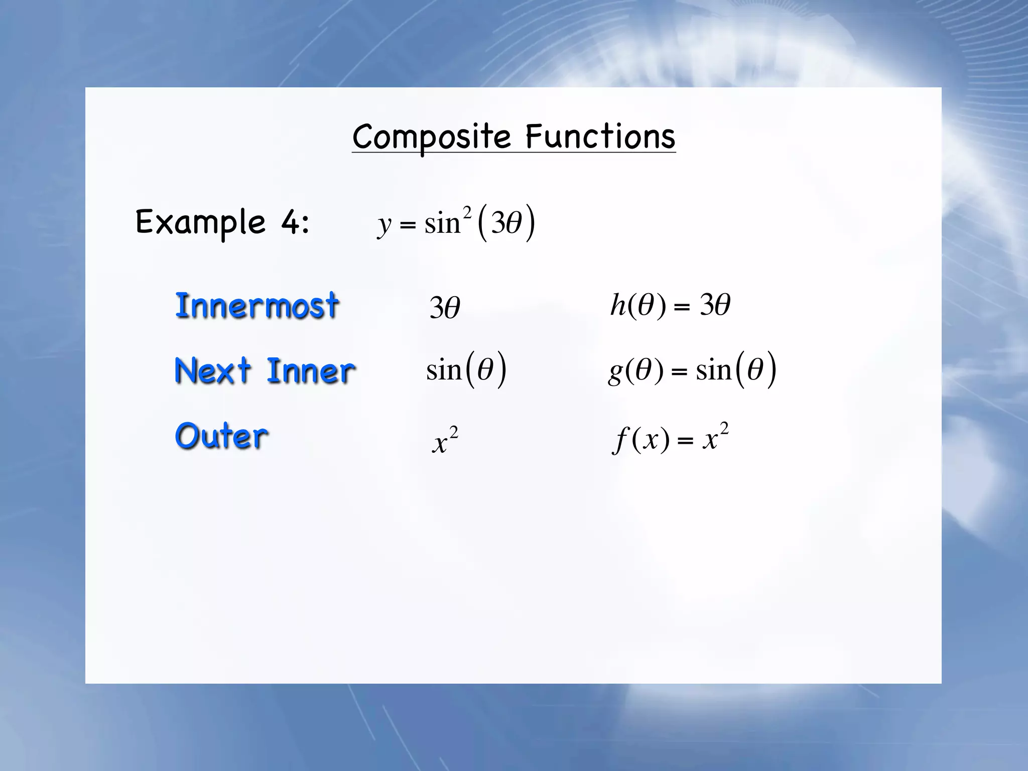 Composite Functions

Example 4:     y = sin 2 ( 3θ )

  Innermost         3θ            h(θ ) = 3θ

  Next Inner       sin (θ )       g(θ ) = sin (θ )

  Outer             x   2
                                  f (x) = x 2
 