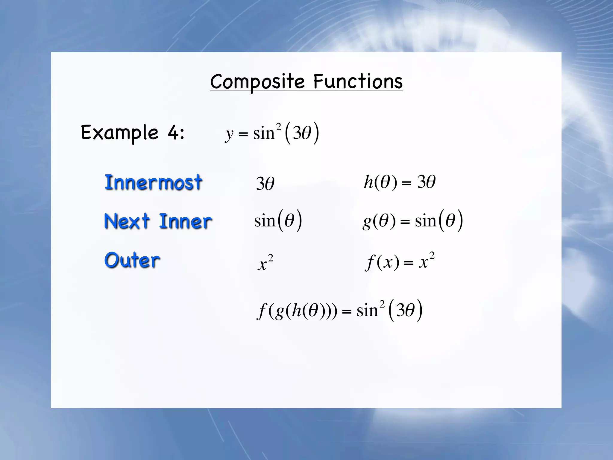 Composite Functions

Example 4:     y = sin 2 ( 3θ )

  Innermost         3θ               h(θ ) = 3θ

  Next Inner       sin (θ )          g(θ ) = sin (θ )

  Outer             x   2
                                     f (x) = x 2

                    f (g(h(θ ))) = sin 2 ( 3θ )
 