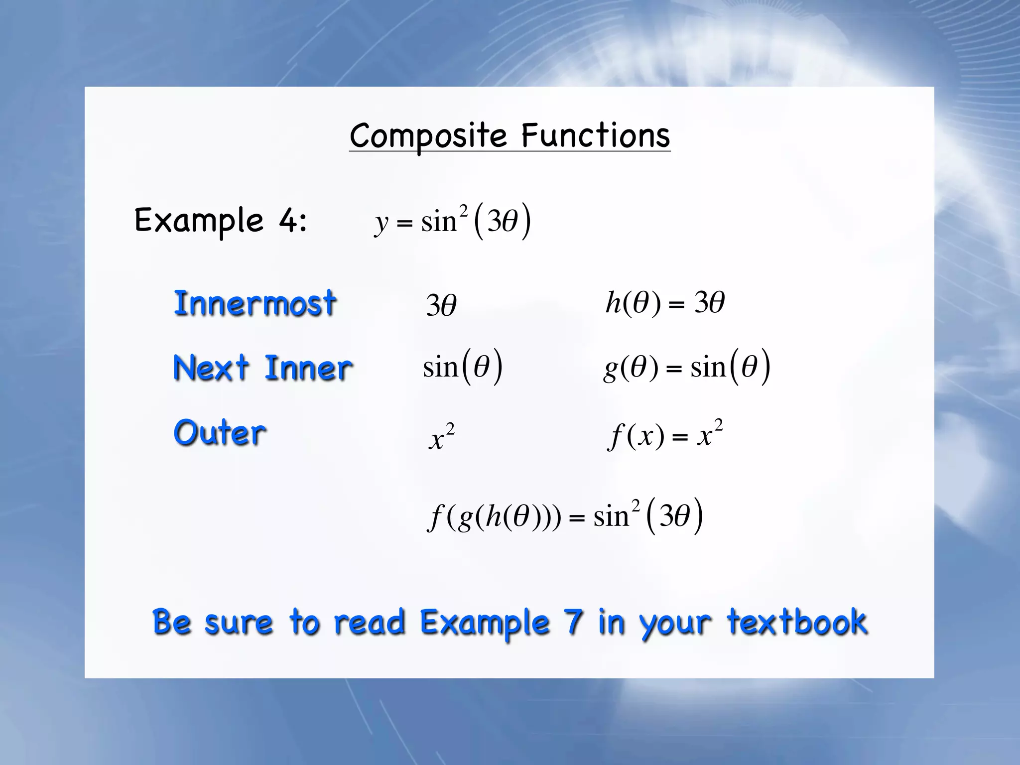 Composite Functions

Example 4:     y = sin 2 ( 3θ )

  Innermost         3θ               h(θ ) = 3θ

  Next Inner       sin (θ )          g(θ ) = sin (θ )

  Outer             x   2
                                     f (x) = x 2

                    f (g(h(θ ))) = sin 2 ( 3θ )


 Be sure to read Example 7 in your textbook
 