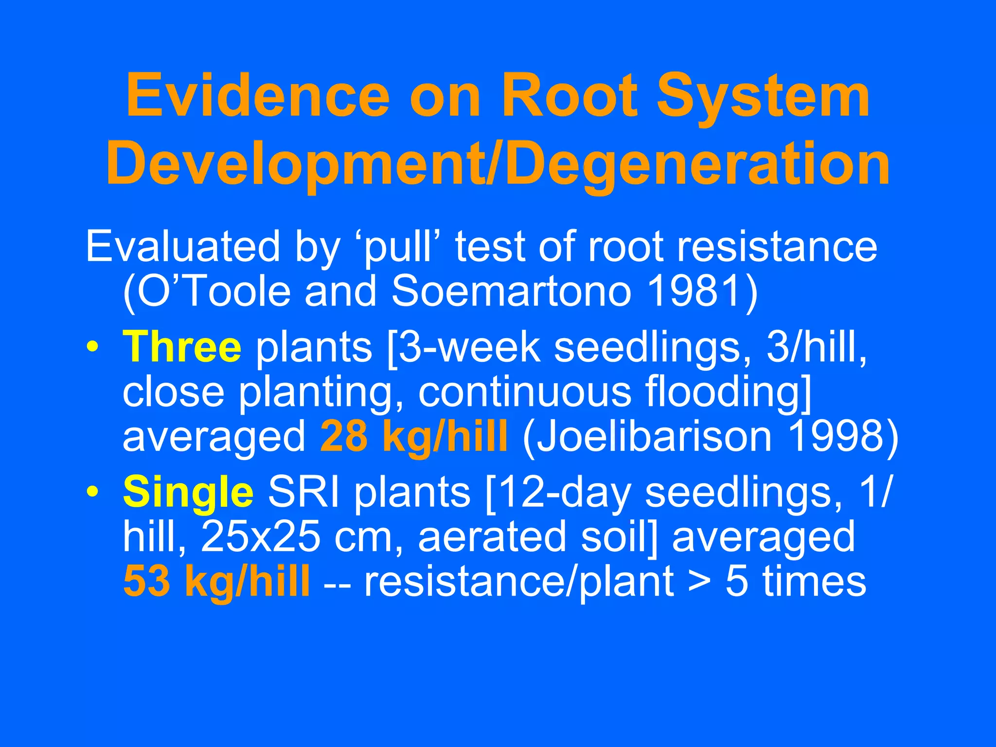 Evidence on Root System Development/Degeneration Evaluated by ‘pull’ test of root resistance (O’Toole and Soemartono 1981) Three  plants [3-week seedlings, 3/hill, close planting, continuous flooding] averaged   28 kg/hill   (Joelibarison 1998) Single  SRI plants [12-day seedlings, 1/hill, 25x25 cm, aerated soil] averaged  53 kg/hill   --  resistance/plant > 5 times 