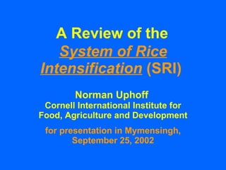 A Review of the System of Rice Intensification  (SRI)   Norman Uphoff  Cornell International Institute for Food, Agriculture and Development for presentation in Mymensingh, September 25, 2002 