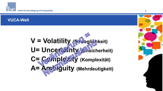 V = Volatility (Beweglichkeit)
U= Uncertainty (Unsicherheit)
C= Complexity (Komplexität)
A= Ambiguity (Mehrdeutigkeit)
VUC...