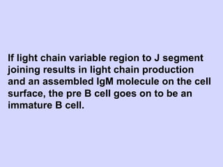 If light chain variable region to J segment
joining results in light chain production
and an assembled IgM molecule on the cell
surface, the pre B cell goes on to be an
immature B cell.
 