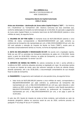 SUL AMÉRICA S.A.
CNPJ/ME nº 29.978.814/0001-87
NIRE 3330003299-1
Companhia Aberta de Capital Autorizado
CVM nº 21121
Aviso...