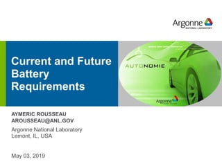 Current and Future
Battery
Requirements
AYMERIC ROUSSEAU
AROUSSEAU@ANL.GOV
Argonne National Laboratory
Lemont, IL, USA
May 03, 2019
 