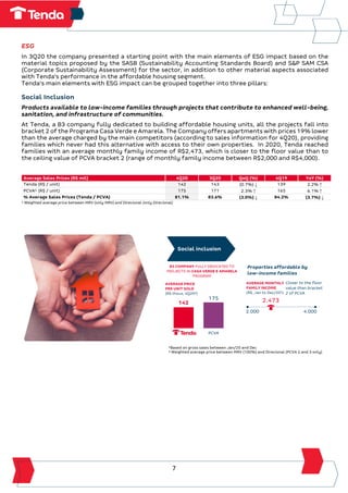 7
ESG
In 3Q20 the company presented a starting point with the main elements of ESG impact based on the
material topics proposed by the SASB (Sustainability Accounting Standards Board) and S&P SAM CSA
(Corporate Sustainability Assessment) for the sector, in addition to other material aspects associated
with Tenda's performance in the affordable housing segment.
Tenda's main elements with ESG impact can be grouped together into three pillars:
Social Inclusion
Products available to low-income families through projects that contribute to enhanced well-being,
sanitation, and infrastructure of communities.
At Tenda, a B3 company fully dedicated to building affordable housing units, all the projects fall into
bracket 2 of the Programa Casa Verde e Amarela. The Company offers apartments with prices 19% lower
than the average charged by the main competitors (according to sales information for 4Q20), providing
families which never had this alternative with access to their own properties. In 2020, Tenda reached
families with an average monthly family income of R$2,473, which is closer to the floor value than to
the ceiling value of PCVA bracket 2 (range of monthly family income between R$2,000 and R$4,000).
Average Sales Prices (R$ mil) 4Q20 3Q20 QoQ (%) 4Q19 YoY (%)
Tenda (R$ / unit) 142 143 (0.7%) ↓ 139 2.2% ↑
PCVA¹ (R$ / unit) 175 171 2.3% ↑ 165 6.1% ↑
% Average Sales Prices (Tenda / PCVA) 81.1% 83.6% (3.0%) ↓ 84.2% (3.7%) ↓
¹ Weighted average price between MRV (only MRV) and Direcional (only Direcional)
¹Based on gross sales between Jan/20 and Dec
² Weighted average price between MRV (100%) and Direcional (PCVA 2 and 3 only)
Closer to the floor
value than bracket
2 of PCVA
Social inclusion
AVERAGE MONTHLY
FAMILY INCOME
(R$, Jan to Dec/20¹)
2.473
142
175
Tenda PCVA
AVERAGE PRICE
PER UNIT SOLD
(R$ thous, 4Q20²)
2.000 4.000
B3 COMPANY FULLY DEDICATED TO
PROJECTS IN CASA VERDE E AMARELA
PROGRAM
Properties affordable by
low-income families
 