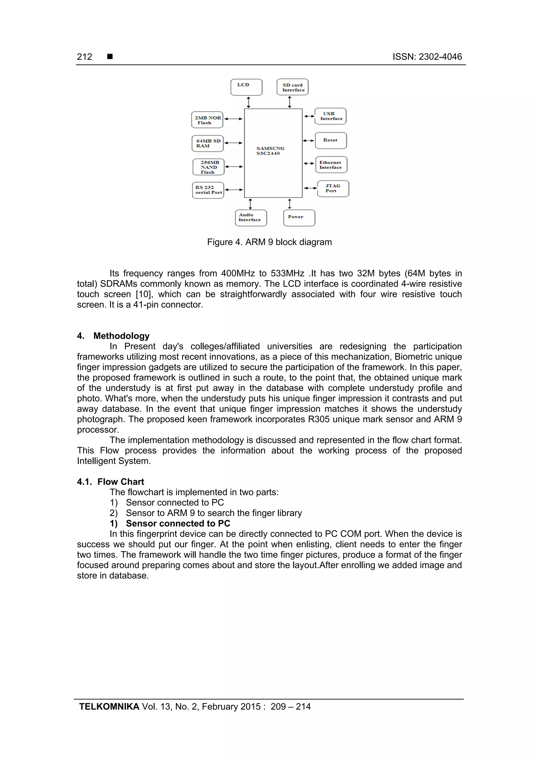  ISSN: 2302-4046
TELKOMNIKA Vol. 13, No. 2, February 2015 : 209 – 214
212
Figure 4. ARM 9 block diagram
Its frequency ranges from 400MHz to 533MHz .It has two 32M bytes (64M bytes in
total) SDRAMs commonly known as memory. The LCD interface is coordinated 4-wire resistive
touch screen [10], which can be straightforwardly associated with four wire resistive touch
screen. It is a 41-pin connector.
4. Methodology
In Present day's colleges/affiliated universities are redesigning the participation
frameworks utilizing most recent innovations, as a piece of this mechanization, Biometric unique
finger impression gadgets are utilized to secure the participation of the framework. In this paper,
the proposed framework is outlined in such a route, to the point that, the obtained unique mark
of the understudy is at first put away in the database with complete understudy profile and
photo. What's more, when the understudy puts his unique finger impression it contrasts and put
away database. In the event that unique finger impression matches it shows the understudy
photograph. The proposed keen framework incorporates R305 unique mark sensor and ARM 9
processor.
The implementation methodology is discussed and represented in the flow chart format.
This Flow process provides the information about the working process of the proposed
Intelligent System.
4.1. Flow Chart
The flowchart is implemented in two parts:
1) Sensor connected to PC
2) Sensor to ARM 9 to search the finger library
1) Sensor connected to PC
In this fingerprint device can be directly connected to PC COM port. When the device is
success we should put our finger. At the point when enlisting, client needs to enter the finger
two times. The framework will handle the two time finger pictures, produce a format of the finger
focused around preparing comes about and store the layout.After enrolling we added image and
store in database.
 