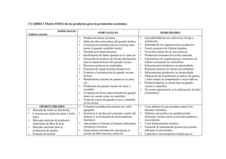 CUADRO 2 Matriz FODA de los productos para la promoción económica

                        Ámbito interno
                                                           FORTALEZAS                                            DEBILIDADES
Ámbito externo
                                          •   Producción láctea creciente                       •   Susceptibilidad de los cultivos de forraje a
                                          •   Mano de obra conocedora del ganado lechero            inundación.
                                          •   Existencia de praderas nativas extensas para      •   Debilidad de las organizaciones productiva.
                                              pastar el ganado camélido (norte)                 •   Fuerte presencia de Fabiola hepática.
                                          •   Naciente actividad artesanal.                     •   No existe control de las sarcociptosis.
                                          •   Rendimiento de habas óptimas en la zona sur.      •   Producción artesanal de textiles reducida
                                          •   Desarrollo de praderas de forraje plurianuales    •   Experiencias de organizaciones comunales de
                                              para el mantenimiento del ganado vacuno.              talleres artesanales no sostenibles.
                                          •   Recursos turísticos no explotados.                •   Infraestructura productiva no desarrollada.
                                          •   Presencia de organizaciones productivas.          •   Reducida tenencia de tierras (surcofundio)
                                          •   Fomento a la producción de ganado vacuno          •   Infraestructura productiva no desarrollada.
                                              lechero.                                          •   Dedicación de la población al cultivo de quinua
                                          •   Rendimientos óptimos de quinua en la zona             y haba menor en comparación a otros cultivos
                                              sur                                               •   Productividad de la canala baja en ganado
                                          •   Producción de ganado vacuno de carne y                vacuno y camélido
                                              camélido                                          •   No existe capacitación en la elaboración de piles
                                          •   Existencia de ferias especializadas de ganado         (curtiembre)
                                              (tanto en vacuno como en camélido)
                                          •   Venta de cueros de ganado ovino y camélido
                                              en las ferias)
          OPORTUNIDADES                   •   Fomentar la producción lechera con valor          •   Crear defensivos que permitan reducir los
•   Mercado de leche no abastecido            agregado                                              desastres naturales.
•   Consumo per cápita de carne y leche   •   Incentivar la producción artesanal a partir del   •   Elaborar una política de sanidad animal
    bajos                                     fomento a la formación de microempresas               enfocada a luchar contra la fasciola hepática y
•   Mercado creciente de productos            familiares                                            sarcociptosis.
    elaborados de fibra de lana           •   Aprovechar el fomento al turismo elaborando       •   Crear infraestructura turística.
•   Mercado creciente para la                 corredores turísticos.                            •   Fomentar la capacitación técnica que permita
    producción de quinua                  •   Especializar la producción artesanaza en              enfrentar el surcofundio.
•   Fomento al turismo                        textiles de fibra natural y artificial.           •   Capacitar a microempresas locales que se
 