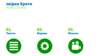 звідки брати
нові слова
01.
Тексти
02.
Вправи
03.
Фільми
 