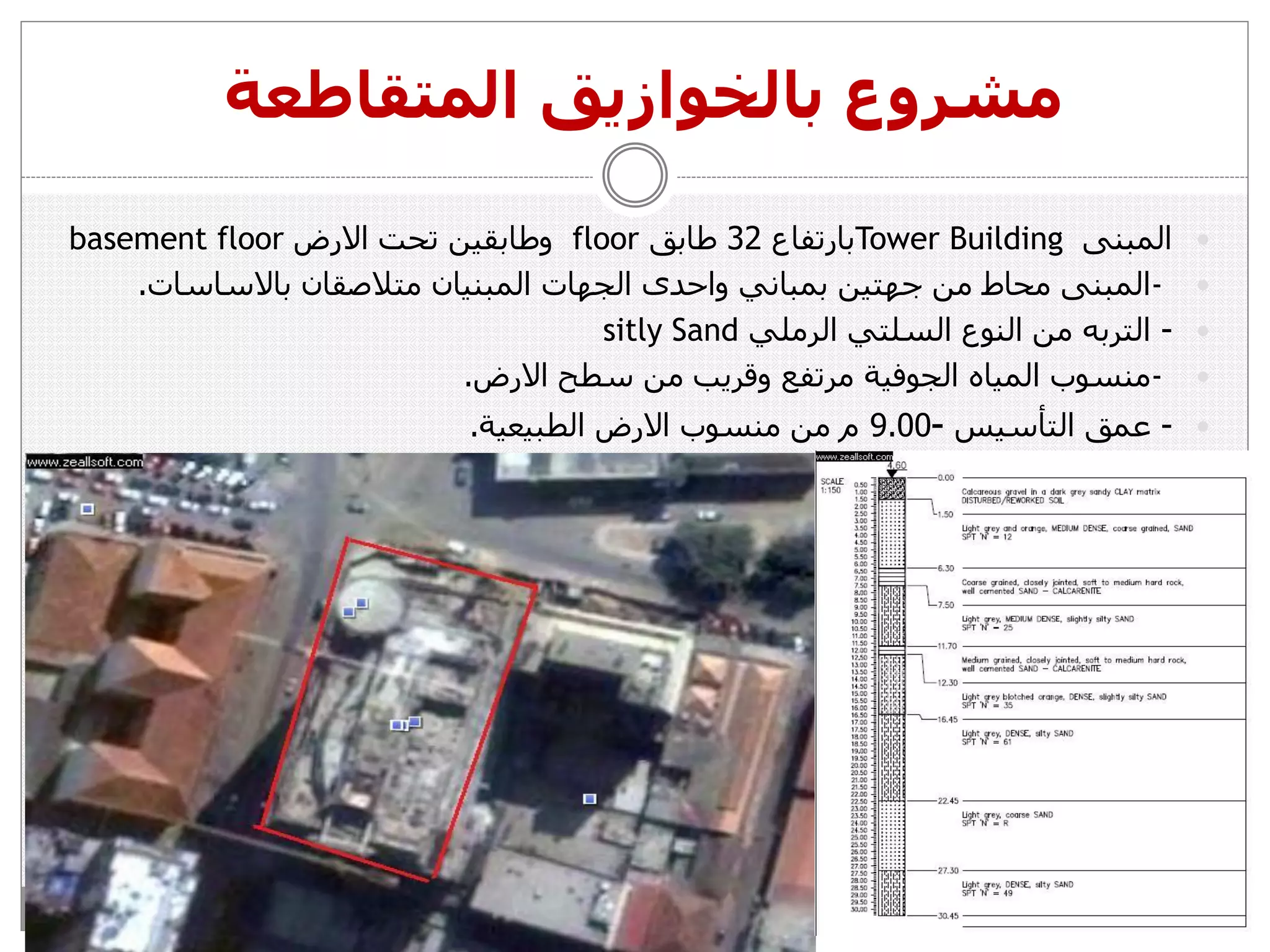 ‫المتقاطعة‬ ‫بالخوازيق‬ ‫مشروع‬
‫المبنى‬Tower Building‫بارتفاع‬32‫طابق‬floor‫االرض‬ ‫تحت‬ ‫وطابقين‬basement floor
-‫باالساسات‬ ‫متالصقان‬ ‫المبنيان‬ ‫الجهات‬ ‫واحدى‬ ‫بمباني‬ ‫جهتين‬ ‫من‬ ‫محاط‬ ‫المبنى‬.
-‫الرملي‬ ‫السلتي‬ ‫النوع‬ ‫من‬ ‫التربه‬sitly Sand
-‫االرض‬ ‫سطح‬ ‫من‬ ‫وقريب‬ ‫مرتفع‬ ‫الجوفية‬ ‫المياه‬ ‫منسوب‬.
-‫التأسيس‬ ‫عمق‬–9.00‫الطبيعية‬ ‫االرض‬ ‫منسوب‬ ‫من‬ ‫م‬.
 
