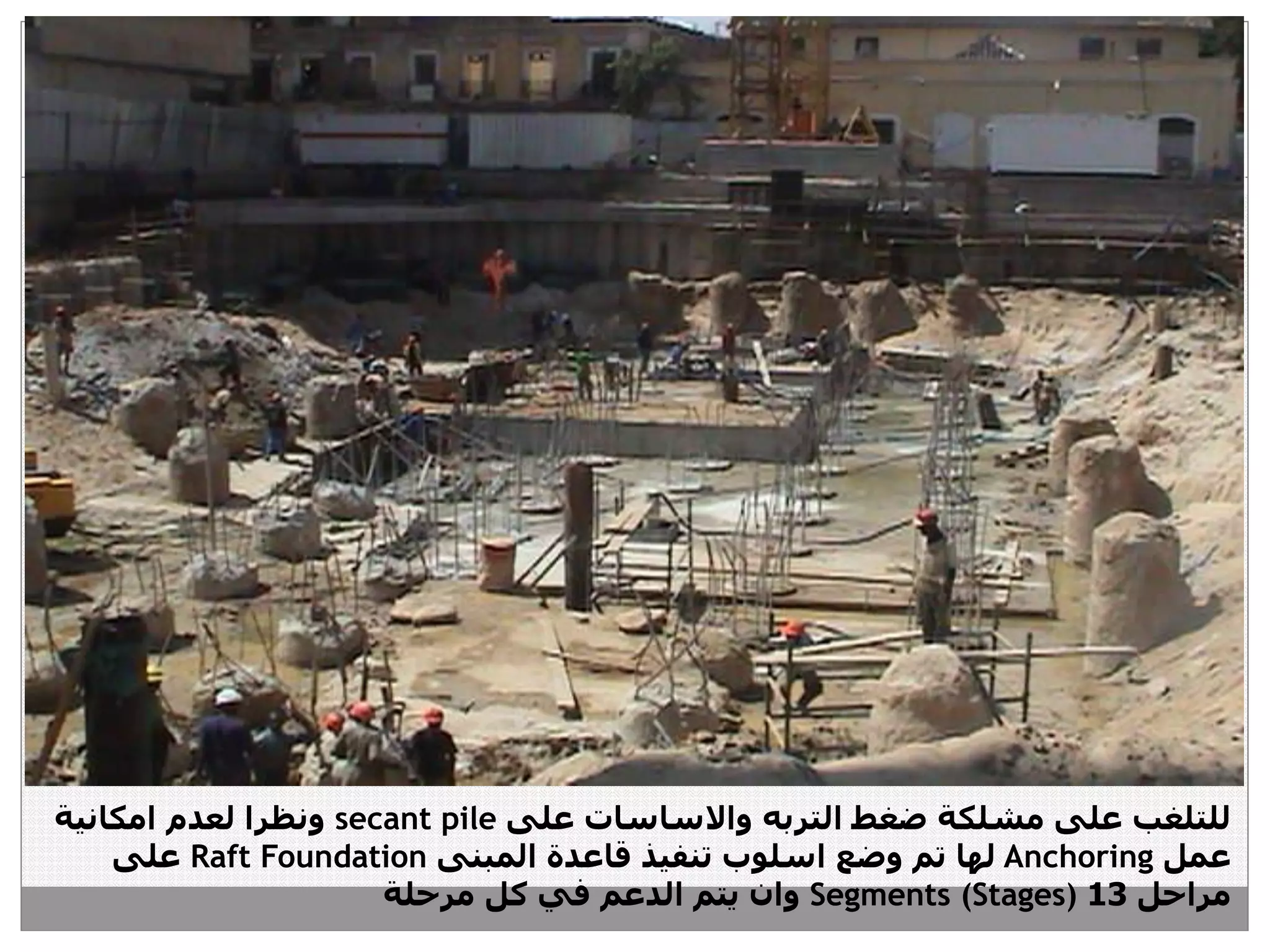 ‫على‬ ‫واالساسات‬ ‫التربه‬ ‫ضغط‬ ‫مشلكة‬ ‫على‬ ‫للتلغب‬secant pile‫امكانية‬ ‫لعدم‬ ‫ونظرا‬
‫عمل‬Anchoring‫المبنى‬ ‫قاعدة‬ ‫تنفيذ‬ ‫اسلوب‬ ‫وضع‬ ‫تم‬ ‫لها‬Raft Foundation‫على‬
‫مراحل‬13Segments (Stages)‫مرحلة‬ ‫كل‬ ‫في‬ ‫الدعم‬ ‫يتم‬ ‫وان‬
 