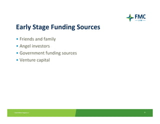 Early Stage Funding Sources
• Friends and family
• Angel investors
• Government funding sources
• Venture capital




                               4
 