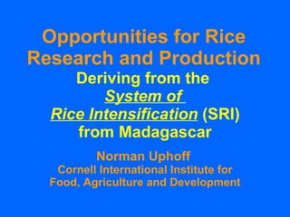 Opportunities for Rice Research and Production Deriving from the  System of  Rice Intensification  (SRI) from Madagascar Norman Uphoff  Cornell International Institute for Food, Agriculture and Development 