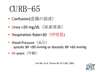 CU RB-65
• Confusion(意識の混迷）
• Urea >20 mg/dL（尿素窒素）
• Respiration Rate>30（呼吸数)
• Blood Pressure（血圧）
   systolic BP <90 mmHg or diastolic BP <60 mmHg
• 65 years（年齢）

                Lim WS, et al. Thorax 58 :377-382, 2003
 