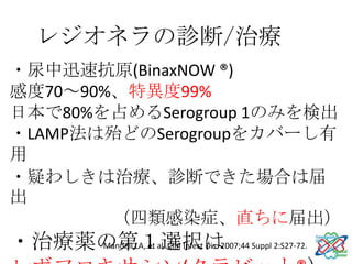 レジオネラの診断/治療
・尿中迅速抗原(BinaxNOW ®)
感度70～90%、特異度99%
日本で80%を占めるSerogroup 1のみを検出
・LAMP法は殆どのSerogroupをカバーし有
用
・疑わしきは治療、診断できた場合は届
出
        （四類感染症、直ちに届出）
・治療薬の第１選択は Suppl 2:S27-72.
    Mandell LA, et al. Clin Infect Dis. 2007;44
 