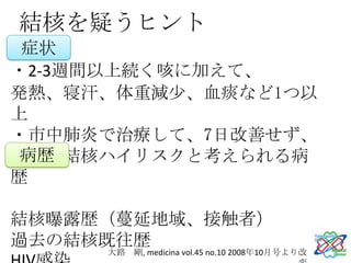 結核を疑うヒント
 症状
・2-3週間以上続く咳に加えて、
発熱、寝汗、体重減少、血痰など1つ以
上
・市中肺炎で治療して、7日改善せず、
 病歴
以下の結核ハイリスクと考えられる病
歴

結核曝露歴（蔓延地域、接触者）
過去の結核既往歴
     大路 剛, medicina vol.45 no.10 2008年10月号より改
 