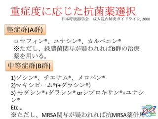 重症度に応じた抗菌薬選択
           日本呼吸器学会 成人院内肺炎ガイドライン, 2008

軽症群(A群)
 ロセフィン®、ユナシン®、カルベニン®
 ※ただし、緑膿菌関与が疑われればB群の治療
 薬を用いる。
中等症群(B群)
1)ゾシン®、チエナム®、メロペン®
2)マキシピーム®(+ダラシン®）
3) モダシン®+ダラシン® orシプロキサン®+ユナシ
ン®
Etc…
※ただし、MRSA関与が疑われれば抗MRSA薬併用
 