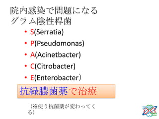 院内感染で問題になる
グラム陰性桿菌
 •   S(Serratia)
 •   P(Pseudomonas)
 •   A(Acinetbacter)
 •   C(Citrobacter)
 •   E(Enterobacter）
 抗緑膿菌薬で治療
     （※使う抗菌薬が変わってく
     る）
 