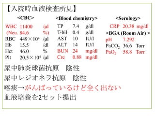 【入院時血液検査所見】
    <CBC>                <Blood chemistry>         <Serology>
WBC     11400      /μl   TP      7.4    g/dl      CRP 20.38 mg/dl
(Neu.   84.6       %)    T-bil   0.4    g/dl    <BGA (Room Air) >
RBC     449×104    /μl   AST     10     IU/l    pH    7.292
Hb      15.5       /dl   ALT     14     IU/l    PaCO2 36.6 Torr
Hct     46.0       %     BUN     24     mg/dl   PaO2 58.8 Torr
Plt     20.5×104   /μl   Cre     0.88   mg/dl

尿中肺炎球菌抗原 陰性
尿中レジオネラ抗原 陰性
喀痰→がんばっているけど全く出ない
血液培養を2セット提出
 