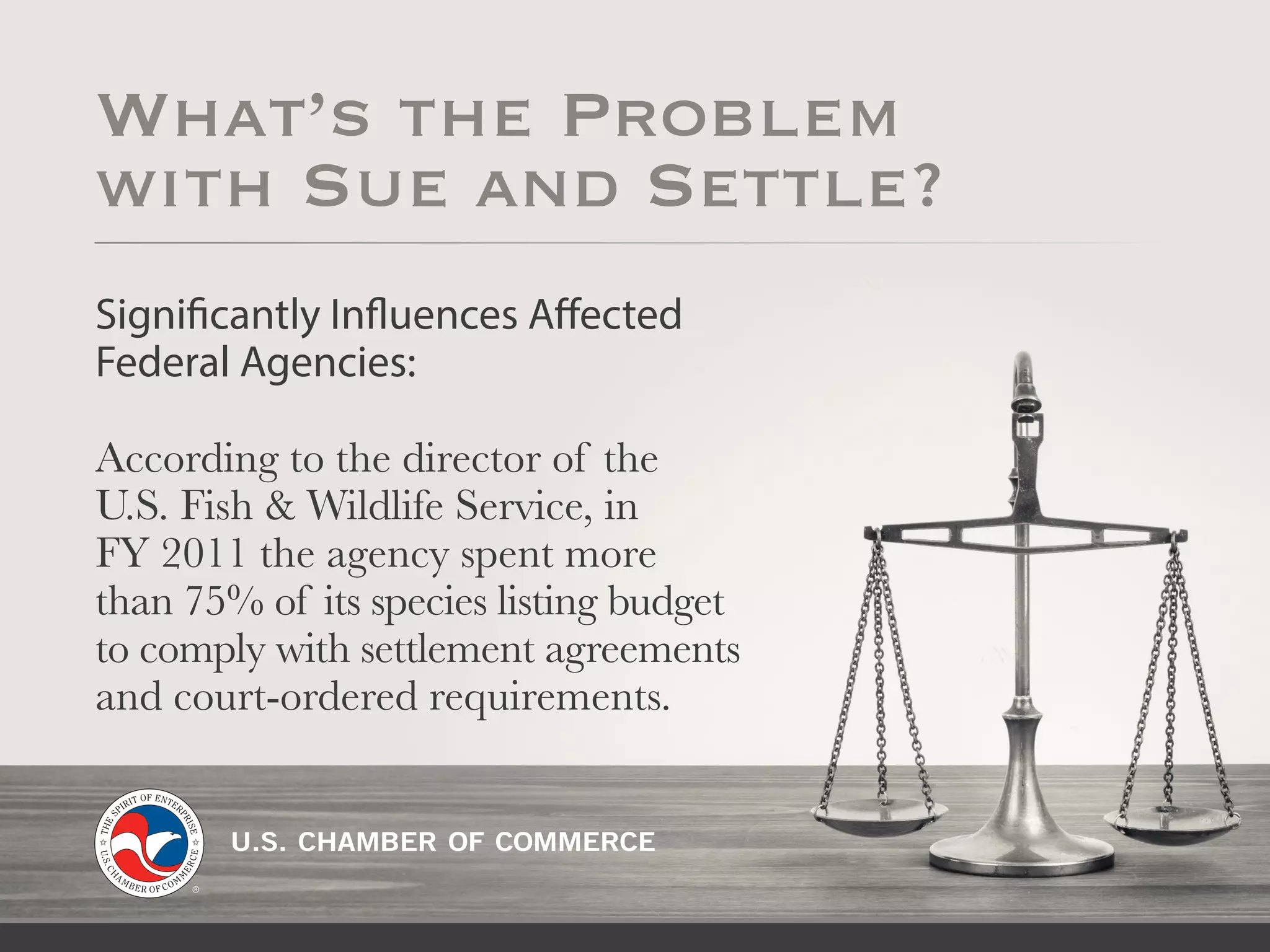 Significantly Influences Affected
Federal Agencies:
According to the director of the
U.S. Fish & Wildlife Service, in
FY 2011 the agency spent more
than 75% of its species listing budget
to comply with settlement agreements
and court-ordered requirements.
What’s the Problem
with Sue and Settle?
 