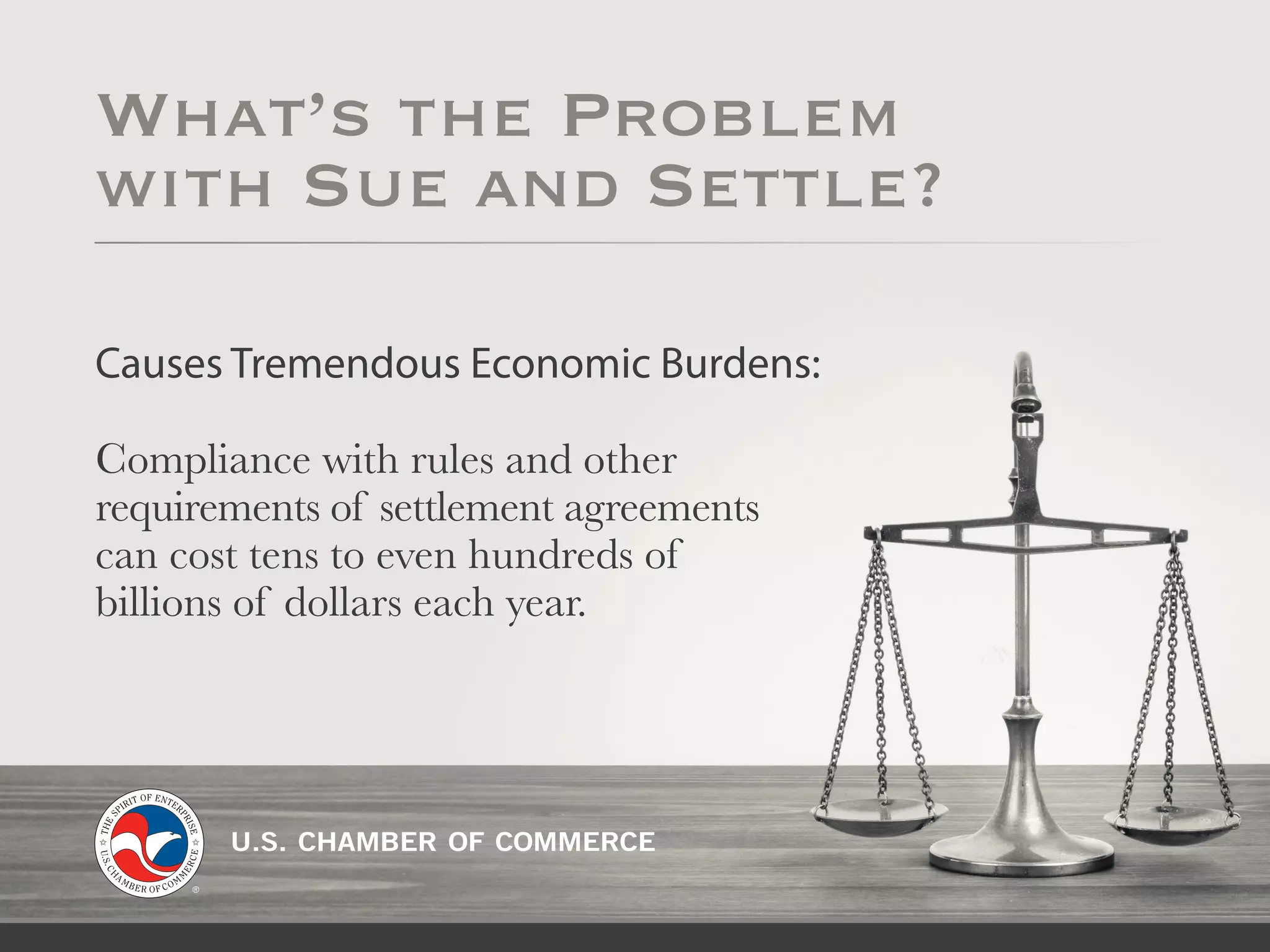 Causes Tremendous Economic Burdens:
Compliance with rules and other
requirements of settlement agreements
can cost tens to even hundreds of
billions of dollars each year.
What’s the Problem
with Sue and Settle?
 