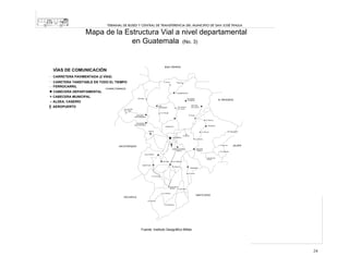 TERMINAL DE BUSES Y CENTRAL DE TRANSFERENCIA DEL MUNICIPIO DE SAN JOSÉ PINULA

Mapa de la Estructura Vial a nivel departamental
en Guatemala (No. 3)

BAJA VERAPAZ

VÍAS DE COMUNICACIÓN
CARRETERA PAVIMENTADA (2 VÍAS)
CARETERA TANSITABLE EN TODO EL TIEMPO
FERROCARRIL
CABECERA DEPARTAMENTAL

El Zorzal

Chiquin

CHIMALTENANGO

CHUARRANCHO

CABECERA MUNICIPAL

Montufar

SAN PEDRO
AYAMPUC

ALDEA, CASERÍO
AEROPUERTO

SAN
RAYMUNDO

San Antonio
Las Trojas

EL PROGRESO

SAN JOSE
DEL GOLFO

San Antonio
Las Flores

La Cienaga
SAN JUAN
SACATEPEQUEZ

El Chote
El Tabacal

SAN PEDRO
SACATEPEQUEZ

PALENCIA

CHINAUTLA
MIXCO

Sanguayaba

Los Mixcos
GUATEMALA

Canalitos
Los Ocotes

El Socorro

SACATEPEQUEZ

SAN JOSE
PINULA

SANTA CATARINA
PINULA

JALAPA

El Colorado

VILLA NUEVA

PETAPA

Concepcion
Pinula

VILLA CANALES

AMATITLAN

Tappcun

FRAIJANES
El Cerrito

El Cerrito

Santa Elena
Barillas
El Jocotillo
Los Dolores

ESCUINTLA

SANTA ROSA

Los Pocitos
El Obrejuelo

Fuente: Instituto Geográfico Militar

24

 