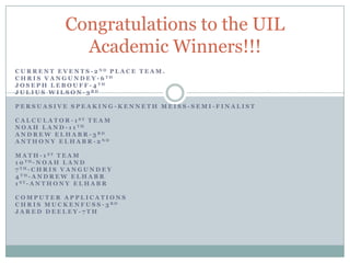 Congratulations to the UIL
                   Academic Winners!!!
C U R R E N T E V E N T S - 2 ND P L A C E T E A M .
C H R I S V A N G U N D E Y - 6 TH
J O S E P H L E B O U F F - 4 TH
J U L I U S W I L S O N - 3 RD

PERSUASIVE SPEAKING-KENNETH MEISS-SEMI-FINALIST

C A L C U L A T O R - 1 ST T E A M
N O A H L A N D - 1 1 TH
A N D R E W E L H A B R - 3 RD
A N T H O N Y E L H A B R - 2 ND

M A T H - 1 ST T E A M
1 0 TH- N O A H L A N D
7 TH- C H R I S V A N G U N D E Y
4 TH- A N D R E W E L H A B R
1 ST- A N T H O N Y E L H A B R

COMPUTER APPLICATIONS
C H R I S M U C K E N F U S S - 3 RD
JARED DEELEY-7TH
 