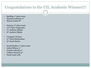 Congratulations to the UIL Academic Winners!!!

    Spelling-1st place team
    Suzanna Anthony-1st
    Marisa Tusko-8th

    Science-2nd place team
    10th-Chris Vangundey
    7th-Anthony Elhabr
    6th-Andrew Elhabr

    Computer Science
    3rd-Chris Muckenfuss
    5th-Jared Deeley

    Social Studies-1st place team
    Julius Wilson-1st
    Joseph Lebouff-4th
    Colleen Driscoll-3rd
    Noah Land-10th
 