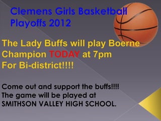 Come out and support the buffs!!!!
The game will be played at
SMITHSON VALLEY HIGH SCHOOL.
 