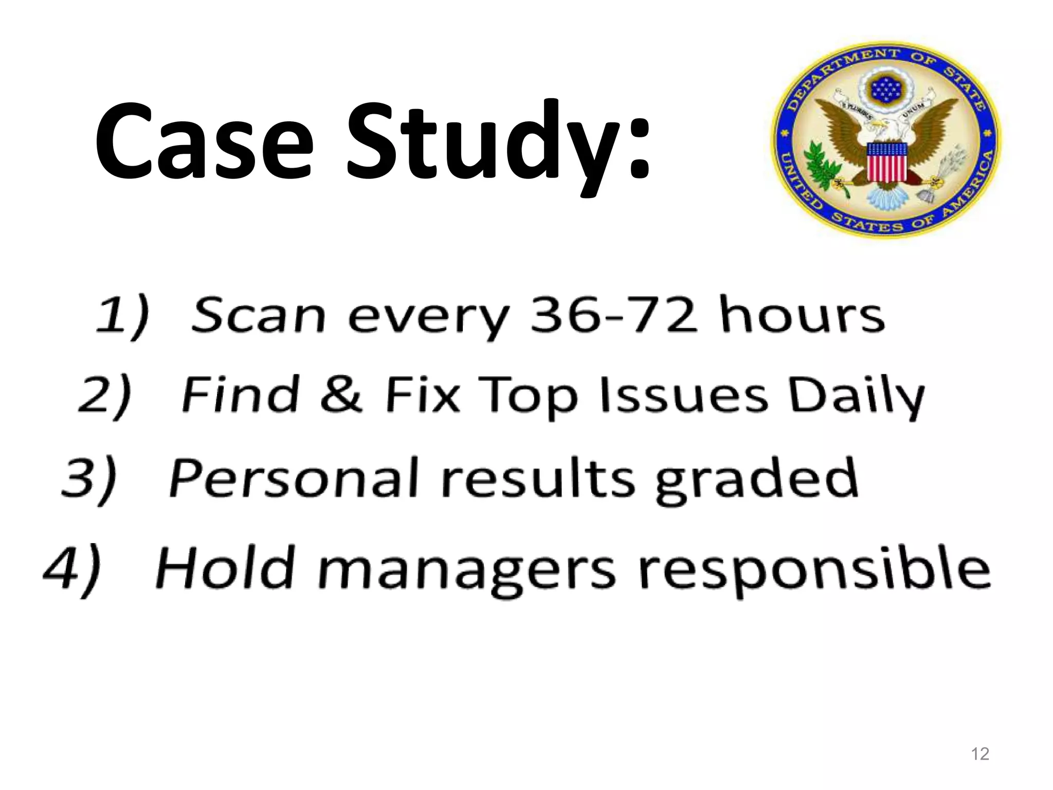 Case Study:Scan every 36-72 hoursFind & Fix Top Issues DailyPersonal results graded Hold managers responsible12
