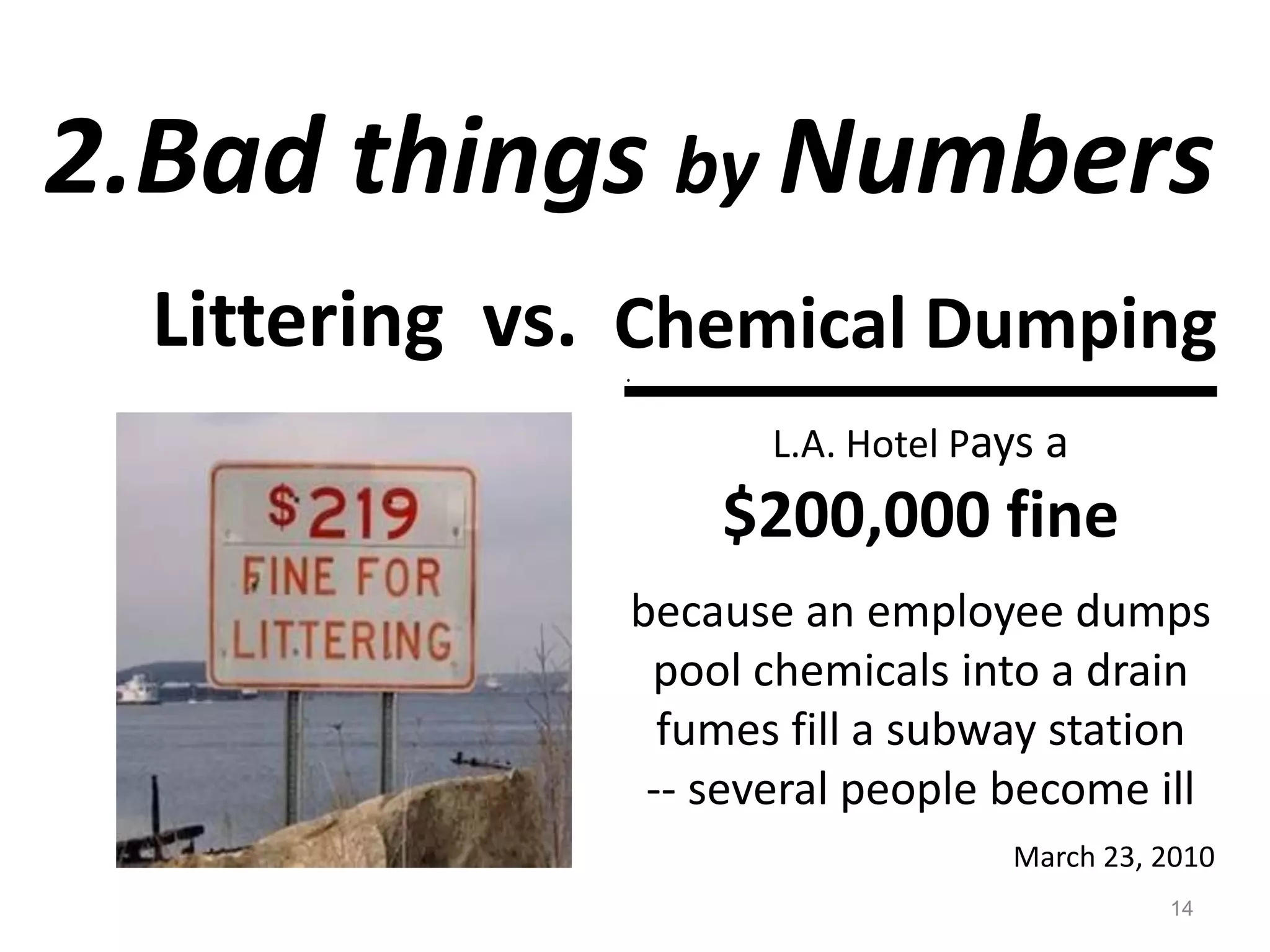 2.Bad things by NumbersChemical DumpingLittering  vs.L.A. Hotel Pays a$200,000 fine because an employee dumps pool chemicals into a drain fumes fill a subway station-- several people become ill March 23, 201014