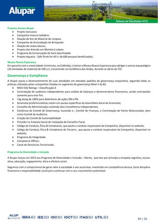 49 | 56
Projetos Sociais Alupar
• Projeto Sanuseco
• Campanha Inverno Solidário
• Doação de Kits de Material de Limpeza
• Campanha de Arrecadação de Brinquedo
• Doação de cestas básicas
• Projeto dos Artesão em Monteiro Lobato
• Programa de Conservação da Saíra Apunhalada
• Projeto Aqualuz - Safe Drink for All (+ de 600 pessoas beneficiadas)
Museu Nueva Esperanza
Em parceria com a universidade Uniminuto, na Colômbia, criamos o Museu Nueva Esperanza para abrigar o acervo arqueológico
(16 toneladas de material) de 500 a.C, encontrado na Cordilheira dos Andes, durante as obras da TCE.
Governança e Compliance
A Alupar pauta o desenvolvimento de suas atividades em elevados padrões de governança corporativa, seguindo todas as
práticas utilizadas pelas companhias listadas no segmento de governança Nível 2 da B3.
• MSCI ESG Ratings – Classificação A
• Contratação de auditores independentes para análise de balanços e demonstrativos financeiros, sendo contratados
somente para este fim;
• Tag along de 100% para detentores de ações ON e PN;
• Acionistas preferencialistas votam em pautas especificas da Assembleia Geral de Acionistas;
• Conselho de Administração contendo dois Conselheiros Independentes;
• Existência de Comitê de Governança, Sucessão e ; Comitê de Finanças, e Contratação de Partes Relacionadas, bem
como Comitê de Auditoria;
• Criação do Comitê de Sustentabilidade
• Previsão no Estatuto Social de instalação de Conselho Fiscal;
• Código de Conduta, Ética & Compliance, que pauta a conduta responsável da Companhia, disponível no website;
• Código de Conduta, Ética & Compliance de Terceiro , que pauta a conduta responsável da Companhia, disponível no
website;
• Programa de Integridade;
• Compliance Officer;
• Canal de Denúncias Terceirizado.
Programa de Diversidade e Inclusão
A Alupar lançou em 2022 seu Programa de Diversidade e Inclusão – Alento, que tem por princípio a empatia cognitiva, escuta
ativa, educação, engajamento, ética e eficácia social.
Seguimos com o compromisso de gerar valor à sociedade e aos acionistas, investindo em competência técnica, forte disciplina
financeira e responsabilidade social para continuar com o seu crescimento sustentável.
 