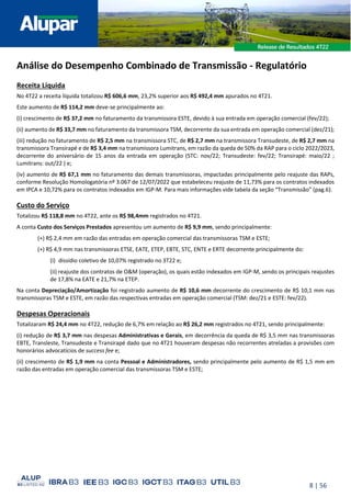 8 | 56
Análise do Desempenho Combinado de Transmissão - Regulatório
Receita Líquida
No 4T22 a receita líquida totalizou R$ 606,6 mm, 23,2% superior aos R$ 492,4 mm apurados no 4T21.
Este aumento de R$ 114,2 mm deve-se principalmente ao:
(i) crescimento de R$ 37,2 mm no faturamento da transmissora ESTE, devido à sua entrada em operação comercial (fev/22);
(ii) aumento de R$ 33,7 mm no faturamento da transmissora TSM, decorrente da sua entrada em operação comercial (dez/21);
(iii) redução no faturamento de R$ 2,5 mm na transmissora STC, de R$ 2,7 mm na transmissora Transudeste, de R$ 2,7 mm na
transmissora Transirapé e de R$ 3,4 mm na transmissora Lumitrans, em razão da queda de 50% da RAP para o ciclo 2022/2023,
decorrente do aniversário de 15 anos da entrada em operação (STC: nov/22; Transudeste: fev/22; Transirapé: maio/22 ;
Lumitrans: out/22 ) e;
(iv) aumento de R$ 67,1 mm no faturamento das demais transmissoras, impactadas principalmente pelo reajuste das RAPs,
conforme Resolução Homologatória nº 3.067 de 12/07/2022 que estabeleceu reajuste de 11,73% para os contratos indexados
em IPCA e 10,72% para os contratos indexados em IGP-M. Para mais informações vide tabela da seção “Transmissão” (pag.6).
Custo do Serviço
Totalizou R$ 118,8 mm no 4T22, ante os R$ 98,4mm registrados no 4T21.
A conta Custo dos Serviços Prestados apresentou um aumento de R$ 9,9 mm, sendo principalmente:
(+) R$ 2,4 mm em razão das entradas em operação comercial das transmissoras TSM e ESTE;
(+) R$ 4,9 mm nas transmissoras ETSE, EATE, ETEP, EBTE, STC, ENTE e ERTE decorrente principalmente do:
(i) dissídio coletivo de 10,07% registrado no 3T22 e;
(ii) reajuste dos contratos de O&M (operação), os quais estão indexados em IGP-M, sendo os principais reajustes
de 17,8% na EATE e 21,7% na ETEP.
Na conta Depreciação/Amortização foi registrado aumento de R$ 10,6 mm decorrente do crescimento de R$ 10,1 mm nas
transmissoras TSM e ESTE, em razão das respectivas entradas em operação comercial (TSM: dez/21 e ESTE: fev/22).
Despesas Operacionais
Totalizaram R$ 24,4 mm no 4T22, redução de 6,7% em relação ao R$ 26,2 mm registrados no 4T21, sendo principalmente:
(i) redução de R$ 3,7 mm nas despesas Administrativas e Gerais, em decorrência da queda de R$ 3,5 mm nas transmissoras
EBTE, Transleste, Transudeste e Transirapé dado que no 4T21 houveram despesas não recorrentes atreladas a provisões com
honorários advocatícios de success fee e;
(ii) crescimento de R$ 1,9 mm na conta Pessoal e Administradores, sendo principalmente pelo aumento de R$ 1,5 mm em
razão das entradas em operação comercial das transmissoras TSM e ESTE;
 
