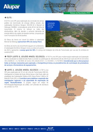 ALUP
B3 LISTED N2
21
➔ ELTE:
A ELTE é uma SPE para exploração da concessão do serviço
público de transmissão de energia elétrica através das
subestações Domênico Rangoni 345/138 kV e Manoel da
Nóbrega 230/88kV, contemplando ainda 40 km de linha de
transmissão, O sistema irá reforçar as redes das
distribuidoras, além de atender o aumento demanda de
energia elétrica da região da baixada santista, composta por
nove municípios do litoral paulista.
As Obras do trecho do Litoral Sul relativo à subestação
Manoel da Nóbrega apresentam 99% de avanço físico.
As Obras do trecho do Litoral Norte seguem em andamento.
A Subestação Domênico Rangoni iniciou as obras em janeiro
de 2023 e apresenta o avanço geral de 36%. A Licença de Instalação da Linha de Transmissão, por sua vez, foi emitida em
outubro/2023.
➔ TECP (LOTE 6, LEILÃO ANEEL 02/2022): A TECP é uma SPE para modernização exploração da Subestação
Centro, localizada na cidade de São Paulo e consiste na substituição do Barramento GIS de 230 kV por outro de 345 kV; SE Centro
345-230/88 kV – 4 x 150 MVA; SE Centro 345-230/20-20 kV – 3 x 150 MVA + 1x 150 MVA. Considerando que o ativo já possui
todas as licenças necessárias para operação, a Companhia já iniciou os procedimentos de contratação de prestadores
de serviços e fornecedores de equipamentos.
➔ LOTE 2, LEILÃO ANEEL 02/2023: A TAP é uma
SPE para exploração de 551 km de Linha de Transmissão (500 kV),
interligando os Estados de Goiás, Minas Gerais e São Paulo, além da
ampliação das Subestações Silvânia (GO), Nova Ponte 3 (MG) e SE
Ribeirão Preto (SP) e irá contribuir para viabilizar a expansão das
interligações regionais e da capacidade de exportação da
região Norte/Nordeste. O projeto segue em etapa de
Homologação/Adjudicação do Leilão, com previsão de assinatura
de contrato no 2T24.
Subestação
Manoel da
Nóbrega
(Jan/24)
 